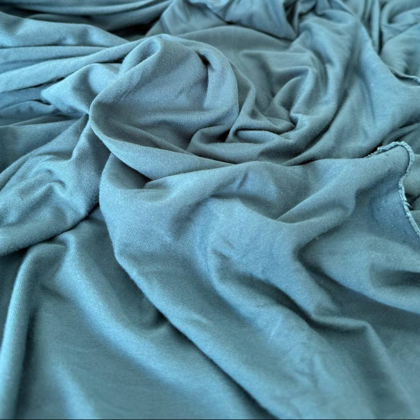 Telio Carlos bamboo knit fabric in Blue Haze colour, soft OEKO-TEX certified bamboo rayon spandex knit