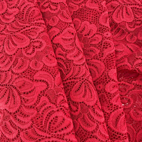 Red fancy lace fabric with floral pattern and soft stretch 