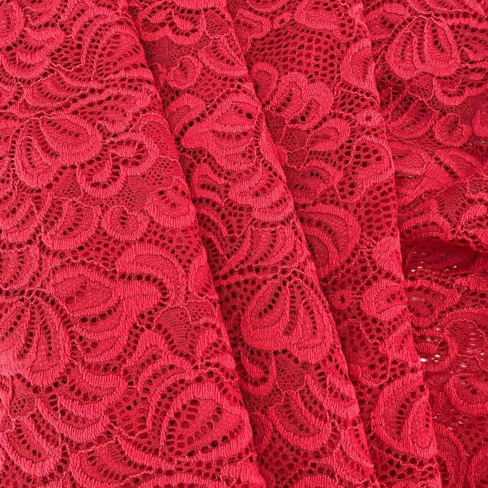 Red fancy lace fabric with floral pattern and soft stretch 