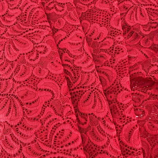 Red fancy lace fabric with floral pattern and soft stretch 