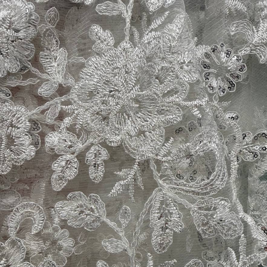Ivory embroidered lace fabric with floral pattern and delicate sequins 