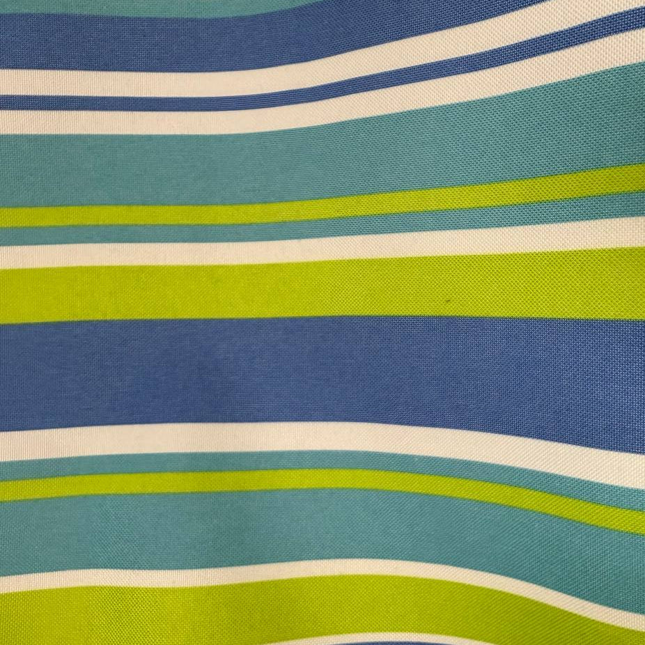 Striped polyester outdoor fabric in blue, green and white suitable for indoor and covered outdoor use 