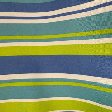 Striped polyester outdoor fabric in blue, green and white suitable for indoor and covered outdoor use 