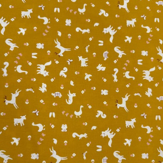 Mustard yellow Woodland Park cotton fabric with white woodland animals and floral print by Ruby Star Society