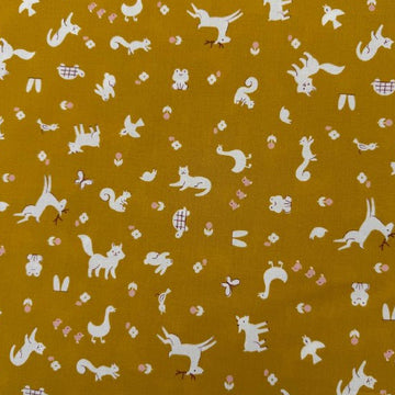 Mustard yellow Woodland Park cotton fabric with white woodland animals and floral print by Ruby Star Society
