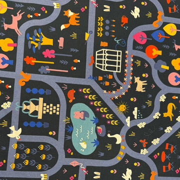 Woodland Park cotton fabric by Rashida Coleman-Hale for Ruby Star Society in dark and cream colorways featuring woodland animals and winding park paths.