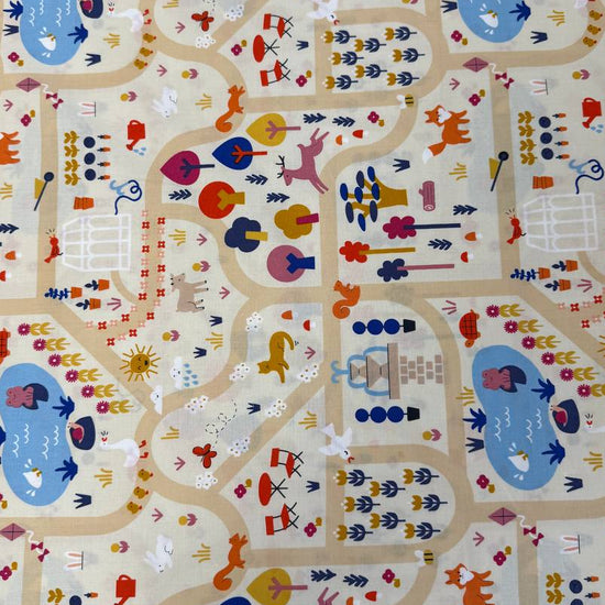 Woodland Park cotton fabric by Rashida Coleman-Hale for Ruby Star Society in dark and cream colorways featuring woodland animals and winding park paths.