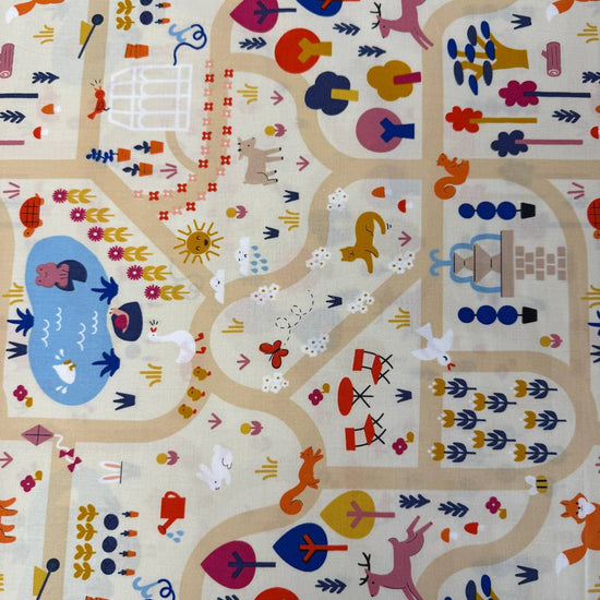 Woodland Park cotton fabric by Rashida Coleman-Hale for Ruby Star Society in dark and cream colorways featuring woodland animals and winding park paths.