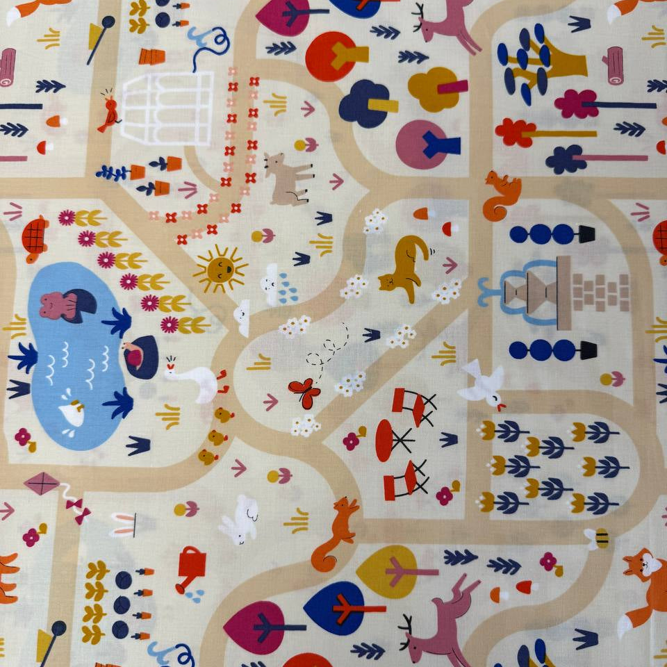 Woodland Park cotton fabric by Rashida Coleman-Hale for Ruby Star Society in dark and cream colorways featuring woodland animals and winding park paths.