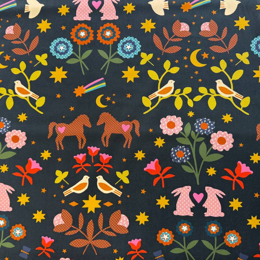 Mystic Fable By Ruby Star Society woodland animals and floral cotton fabric on dark background