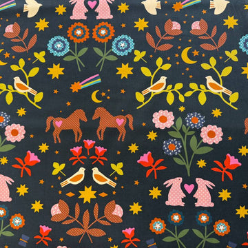 Mystic Fable By Ruby Star Society woodland animals and floral cotton fabric on dark background