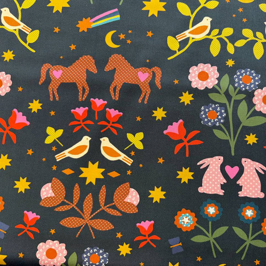 Mystic Fable By Ruby Star Society woodland animals and floral cotton fabric on dark background