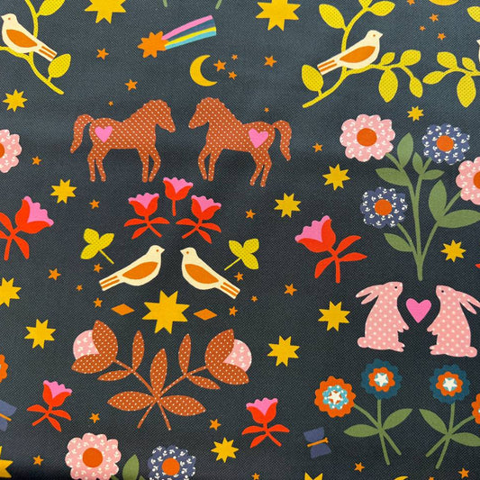 Mystic Fable By Ruby Star Society woodland animals and floral cotton fabric on dark background