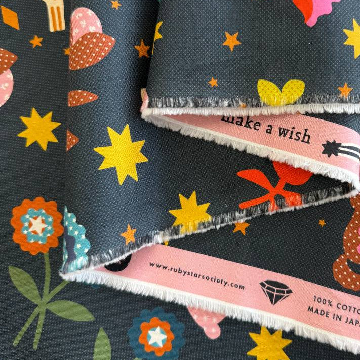 Mystic Fable By Ruby Star Society woodland animals and floral cotton fabric on dark background