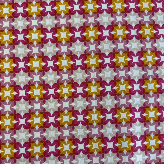 Woodland Park By Rashida Coleman-Hale geometric star cotton fabric in pink, mustard, and beige tones