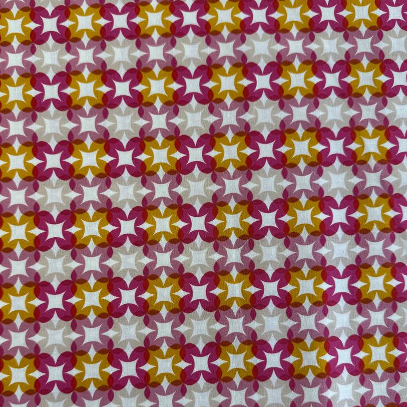 Woodland Park By Rashida Coleman-Hale geometric star cotton fabric in pink, mustard, and beige tones