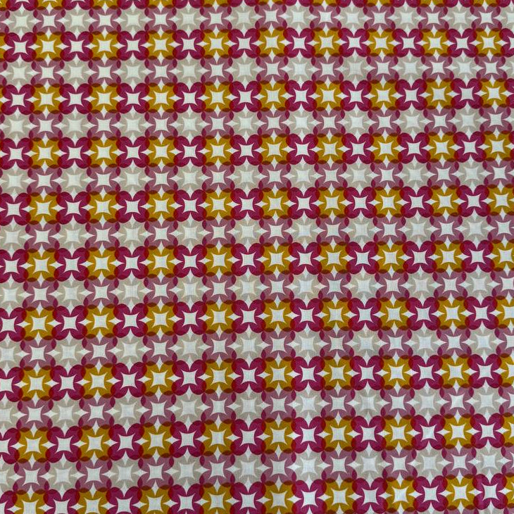 Woodland Park By Rashida Coleman-Hale geometric star cotton fabric in pink, mustard, and beige tones