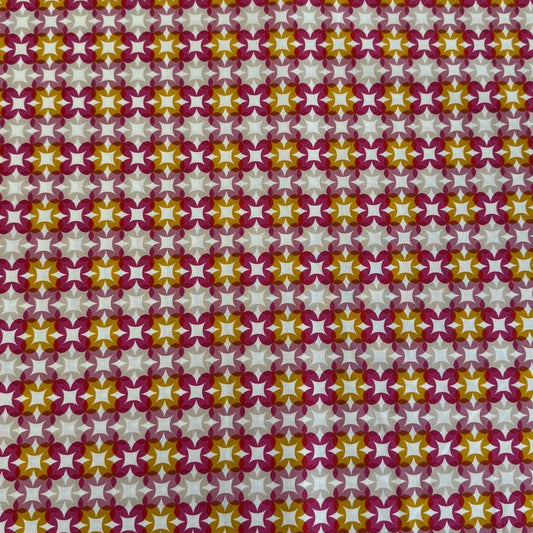 Woodland Park By Rashida Coleman-Hale geometric star cotton fabric in pink, mustard, and beige tones