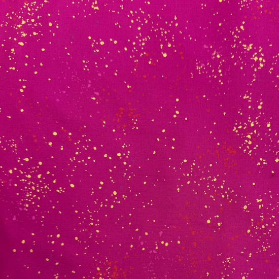 Ruby Star Society Speckled metallic cotton fabric available in navy, pink, and orange colors.
