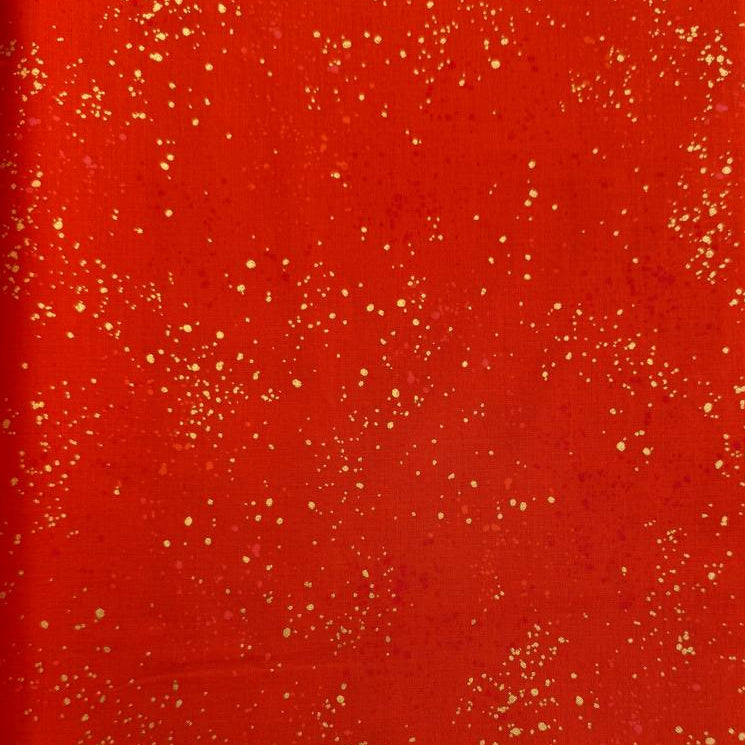Ruby Star Society Speckled metallic cotton fabric available in navy, pink, and orange colors.