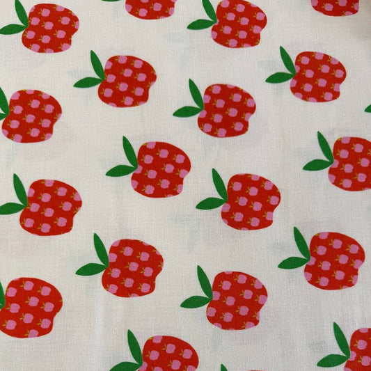 Mystic Fable apple print linen cotton fabric by Ruby Star Society in natural and black colorways.
