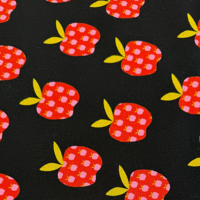Mystic Fable apple print linen cotton fabric by Ruby Star Society in natural and black colorways.