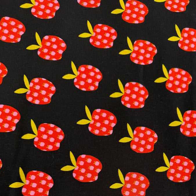 Mystic Fable apple print linen cotton fabric by Ruby Star Society in natural and black colorways.