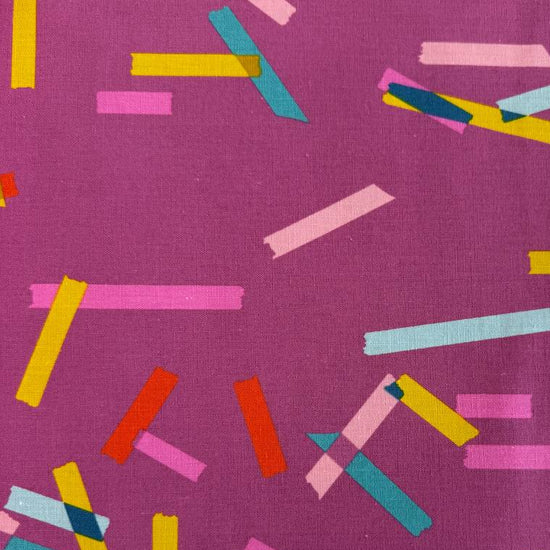Blue linen cotton fabric with colorful abstract tape stripe print from Washi Plus by Rashida Coleman-Hale for Ruby Star Society.
