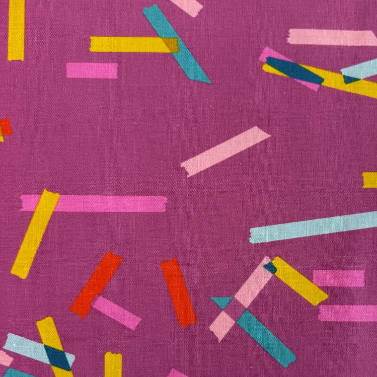 Blue linen cotton fabric with colorful abstract tape stripe print from Washi Plus by Rashida Coleman-Hale for Ruby Star Society.