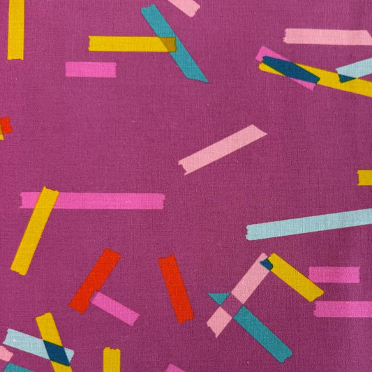Blue linen cotton fabric with colorful abstract tape stripe print from Washi Plus by Rashida Coleman-Hale for Ruby Star Society.