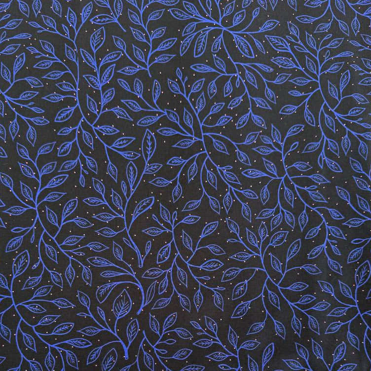 Glow Garden cotton fabric by Sarah Watts for Ruby Star Society with delicate vine leaf pattern in pink and blue colorways on dark backgrounds