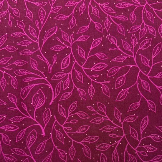 Glow Garden cotton fabric by Sarah Watts for Ruby Star Society with delicate vine leaf pattern in pink and blue colorways on dark backgrounds