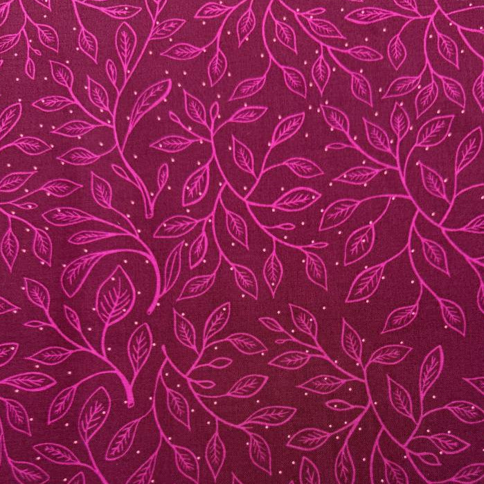 Glow Garden cotton fabric by Sarah Watts for Ruby Star Society with delicate vine leaf pattern in pink and blue colorways on dark backgrounds
