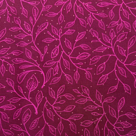 Glow Garden cotton fabric by Sarah Watts for Ruby Star Society with delicate vine leaf pattern in pink and blue colorways on dark backgrounds