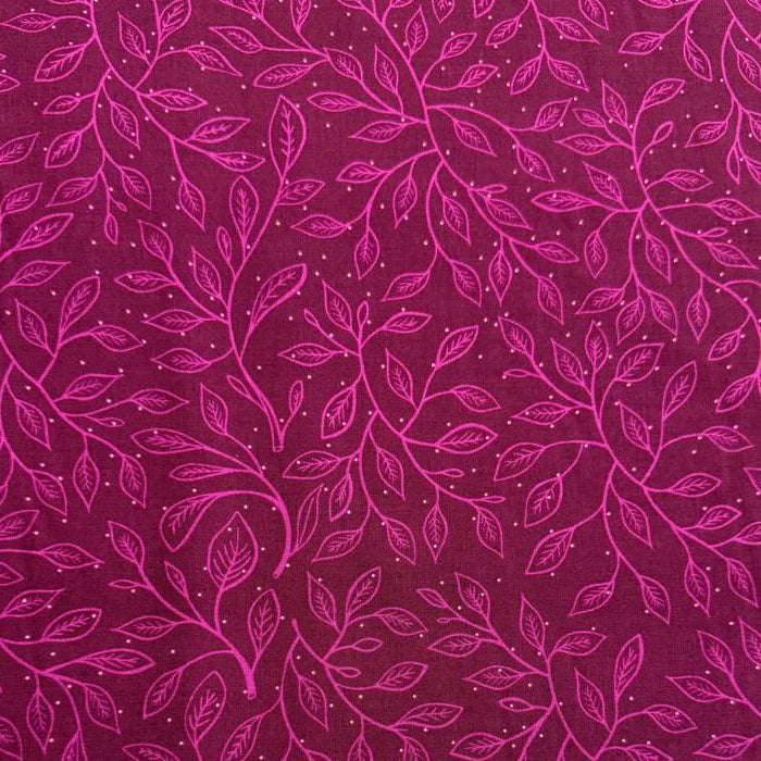 Glow Garden cotton fabric by Sarah Watts for Ruby Star Society with delicate vine leaf pattern in pink and blue colorways on dark backgrounds