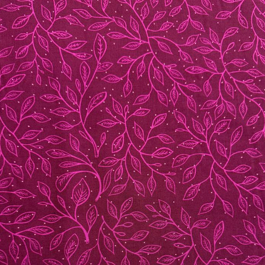 Glow Garden cotton fabric by Sarah Watts for Ruby Star Society with delicate vine leaf pattern in pink and blue colorways on dark backgrounds