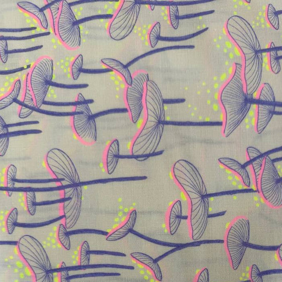 Glow Garden mushroom cotton fabric by Sarah Watts for Ruby Star Society available in black and light grey colorways.