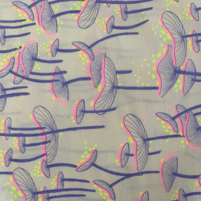 Glow Garden mushroom cotton fabric by Sarah Watts for Ruby Star Society available in black and light grey colorways.