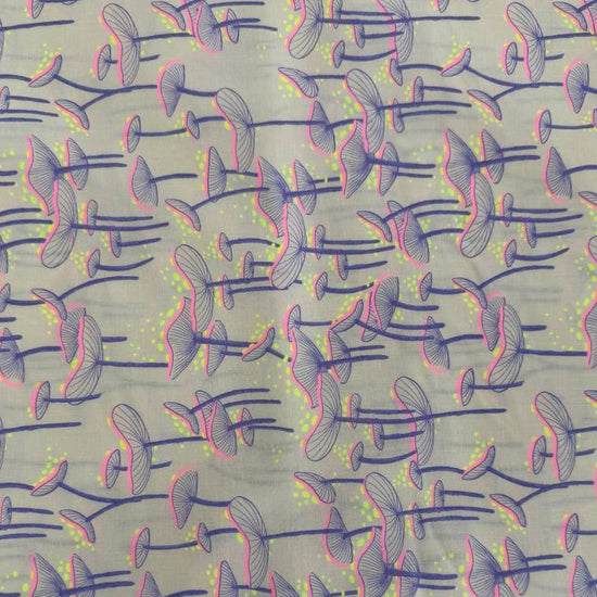 Glow Garden mushroom cotton fabric by Sarah Watts for Ruby Star Society available in black and light grey colorways.