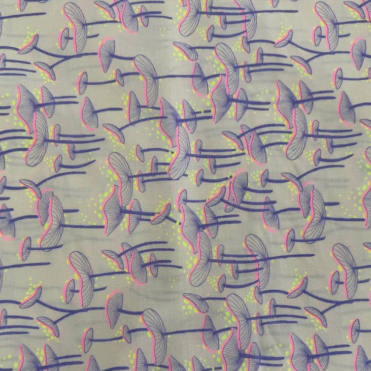 Glow Garden mushroom cotton fabric by Sarah Watts for Ruby Star Society available in black and light grey colorways.