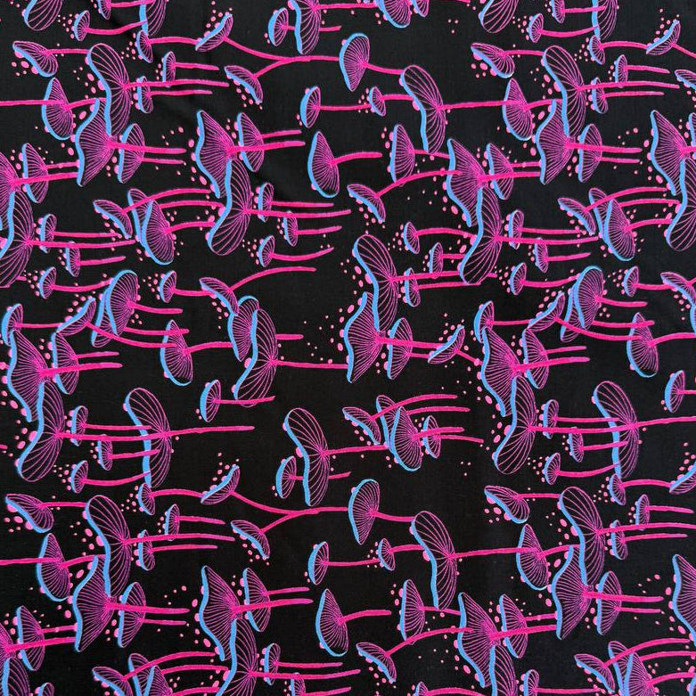 Glow Garden mushroom cotton fabric by Sarah Watts for Ruby Star Society available in black and light grey colorways.