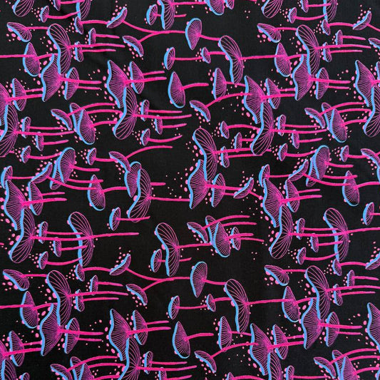 Glow Garden mushroom cotton fabric by Sarah Watts for Ruby Star Society available in black and light grey colorways.