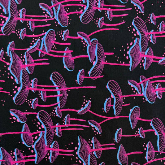 Glow Garden mushroom cotton fabric by Sarah Watts for Ruby Star Society available in black and light grey colorways.