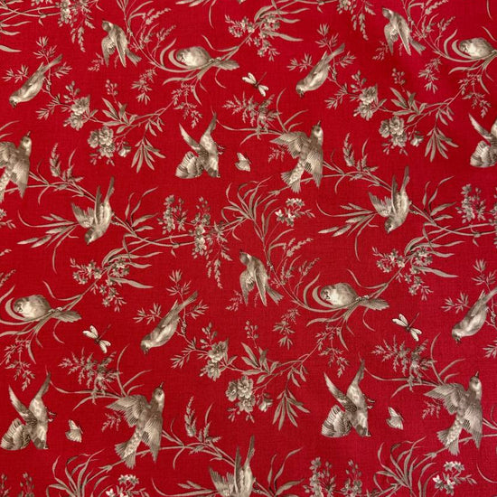 Joie De Vivre bird and floral cotton fabric by French General for Moda Fabrics available in Roche, Rouge, and Pearl Roche colorways.