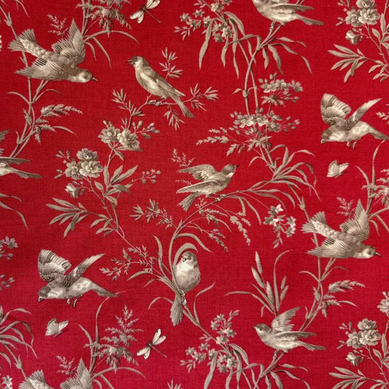 Joie De Vivre bird and floral cotton fabric by French General for Moda Fabrics available in Roche, Rouge, and Pearl Roche colorways.