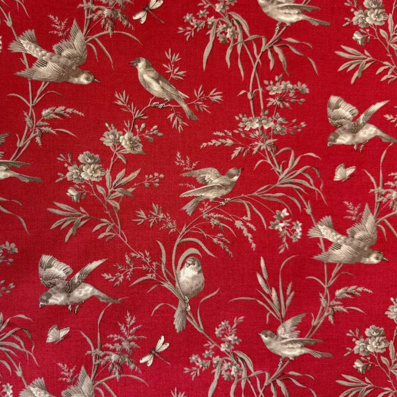 Joie De Vivre bird and floral cotton fabric by French General for Moda Fabrics available in Roche, Rouge, and Pearl Roche colorways.
