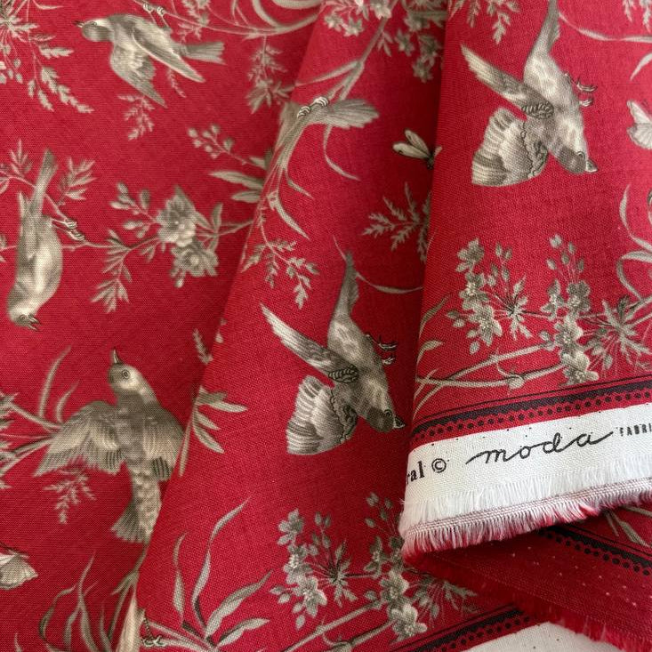 Joie De Vivre bird and floral cotton fabric by French General for Moda Fabrics available in Roche, Rouge, and Pearl Roche colorways.