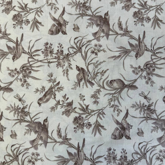 Joie De Vivre bird and floral cotton fabric by French General for Moda Fabrics available in Roche, Rouge, and Pearl Roche colorways.