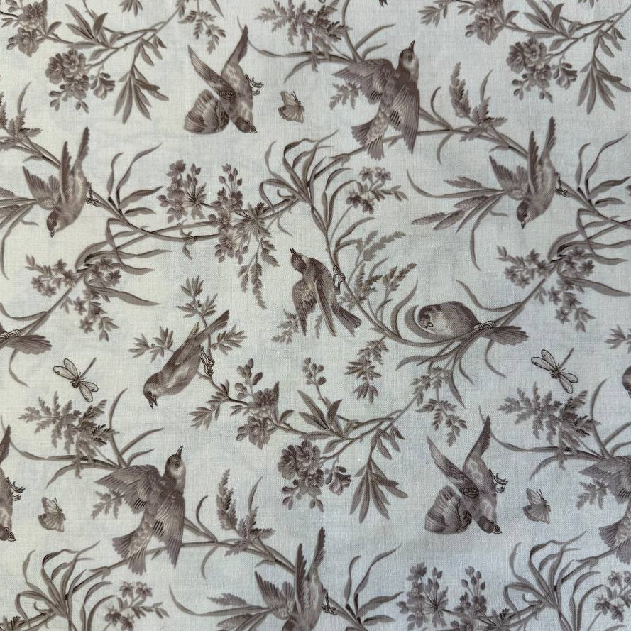 Joie De Vivre bird and floral cotton fabric by French General for Moda Fabrics available in Roche, Rouge, and Pearl Roche colorways.