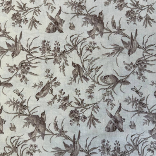 Joie De Vivre bird and floral cotton fabric by French General for Moda Fabrics available in Roche, Rouge, and Pearl Roche colorways.